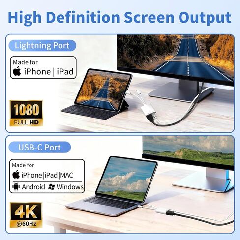 محول USB-C وLightning إلى HDMI لجهاز iPhone iPad إلى التلفزيون [معتمد من MFi]، شاشة مزامنة 4K@60 هرتز Apple Lightning إلى محول AV الرقمي مع منفذ شحن 100 واط لجهاز iPhone 17/16/15/iPad/MacBook إلى HDTV in Saudi Arabia