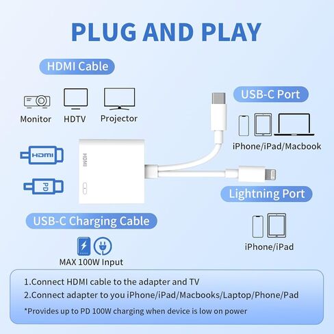 محول USB-C وLightning إلى HDMI لجهاز iPhone iPad إلى التلفزيون [معتمد من MFi]، شاشة مزامنة 4K@60 هرتز Apple Lightning إلى محول AV الرقمي مع منفذ شحن 100 واط لجهاز iPhone 17/16/15/iPad/MacBook إلى HDTV in Saudi Arabia