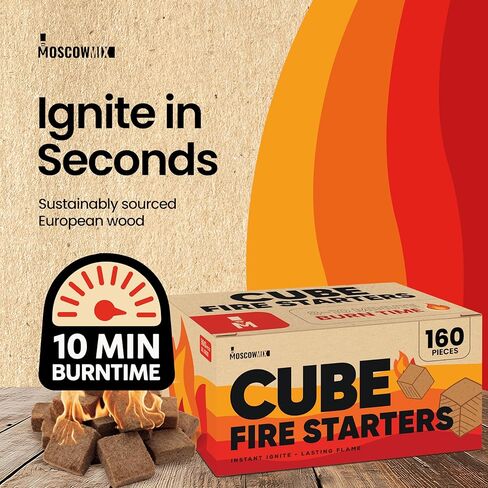 مكعبات إشعال النار من موسكو - ميكس (160 قطعة) مشعلات إشعال كبيرة للشواية، حرائق المخيمات، المدفأة، مشعل الفحم، الشواء، موقد الخشب، حفر النار - مكعبات أخف - عديمة الرائحة، مقاومة للماء، مربعات إشعال النار in Kuwait