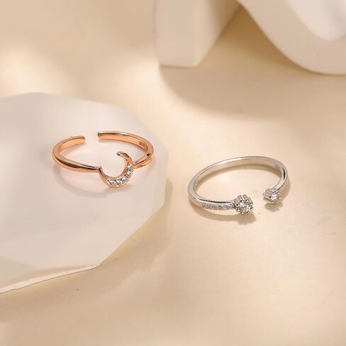 مجموعة حلقة LoveCom Star Moon Rings قابلة للتكديس للنساء Couble 925 Sterling Silver Selestial مطابقة قابلة للتعديل لطيف 14K الذهب مطلي بلو CZ القمر بوعد Ring المجوهرات الهدايا لابنة in Saudi Arabia