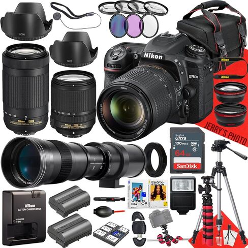 كاميرا Nikon D7500 DSLR مع عدسة 18-140 مم f/3.5-5.6G ED VR وعدسة AF-P DX 70-300 مم f/4.5-6.3G ED + ذاكرة 64 جيجابايت + بطارية إضافية + مرشحات + حامل ثلاثي القوائم + المزيد (حزمة 40 قطعة) (متجددة) in Saudi Arabia