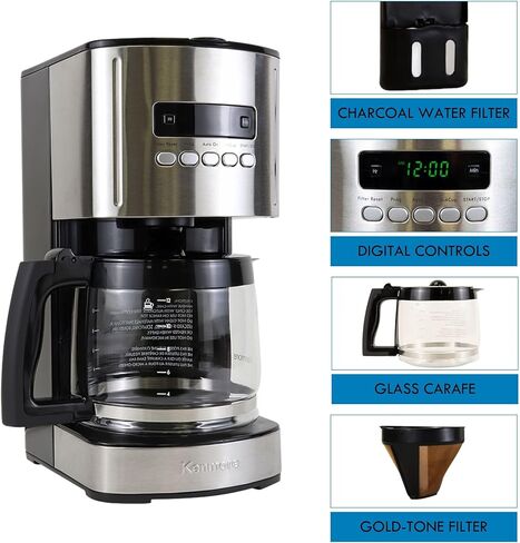ماكينة صنع القهوة القابلة للبرمجة سعة 12 كوبًا من كينمور، ماكينة صنع القهوة بالتنقيط من الفولاذ الأبيض والفولاذ المقاوم للصدأ، إبريق زجاجي، فلتر قابل لإعادة الاستخدام، مؤقت، شاشة رقمية، فلتر مياه فحمي، عادي أو غامق in Kuwait