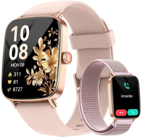 ساعة ذكية للنساء، ساعة ذكية عالية الدقة 1.85 بوصة متوافقة مع iPhone/Samsung/Android (الرد/إجراء المكالمات)، أكثر من 100 وضع رياضي لتتبع اللياقة البدنية مع مراقب معدل ضربات القلب/النوم/SpO2، مقاومة للماء IP68، مع شريطين in Kuwait
