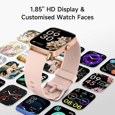 ساعة ذكية للنساء، ساعة ذكية عالية الدقة 1.85 بوصة متوافقة مع iPhone/Samsung/Android (الرد/إجراء المكالمات)، أكثر من 100 وضع رياضي لتتبع اللياقة البدنية مع مراقب معدل ضربات القلب/النوم/SpO2، مقاومة للماء IP68، مع شريطين in Kuwait