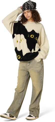 Aelfric Eden Women's Pullover Sweater Color Blocking Cat Graphic Sweater Casual Soft Warm Fall Winter Knitted Tops in Saudi Arabia