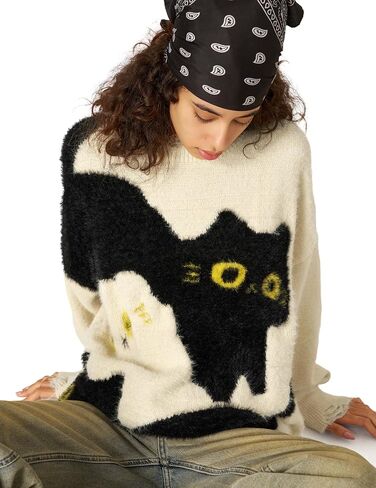 Aelfric Eden Women's Pullover Sweater Color Blocking Cat Graphic Sweater Casual Soft Warm Fall Winter Knitted Tops in Saudi Arabia