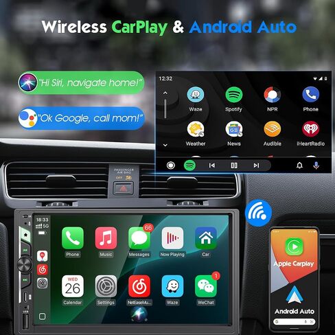 7'' Double Din Car Stereo with Wireless Apple CarPlay & Android Auto, Wireless Airplay & Mirror Link, 1024x600 HD Touchscreen, 240W, Bluetooth, 12-LED Waterproof Backup Camera, Steering Wheel Control in Saudi Arabia
