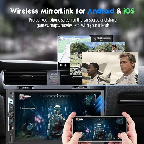 7'' Double Din Car Stereo with Wireless Apple CarPlay & Android Auto, Wireless Airplay & Mirror Link, 1024x600 HD Touchscreen, 240W, Bluetooth, 12-LED Waterproof Backup Camera, Steering Wheel Control in Saudi Arabia