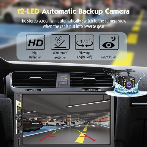 7'' Double Din Car Stereo with Wireless Apple CarPlay & Android Auto, Wireless Airplay & Mirror Link, 1024x600 HD Touchscreen, 240W, Bluetooth, 12-LED Waterproof Backup Camera, Steering Wheel Control in Saudi Arabia