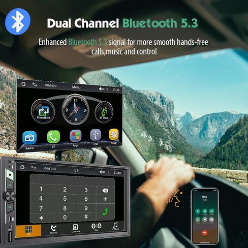 7'' Double Din Car Stereo with Wireless Apple CarPlay & Android Auto, Wireless Airplay & Mirror Link, 1024x600 HD Touchscreen, 240W, Bluetooth, 12-LED Waterproof Backup Camera, Steering Wheel Control in Saudi Arabia
