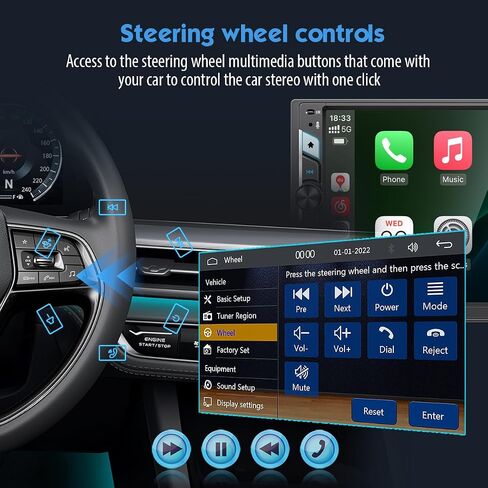 7'' Double Din Car Stereo with Wireless Apple CarPlay & Android Auto, Wireless Airplay & Mirror Link, 1024x600 HD Touchscreen, 240W, Bluetooth, 12-LED Waterproof Backup Camera, Steering Wheel Control in Saudi Arabia