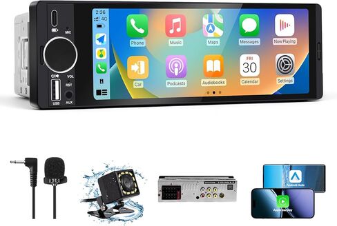 Single Din Car Stereo with Apple CarPlay & Android Auto, 6.36 Inch HD Touch CarPlay Screen, Backup Cam,Bluetooth, USB Type-C, SWC, EQ, FM Radio (with External Mic) in Kuwait