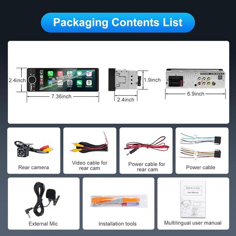 Single Din Car Stereo with Apple CarPlay & Android Auto, 6.36 Inch HD Touch CarPlay Screen, Backup Cam,Bluetooth, USB Type-C, SWC, EQ, FM Radio (with External Mic) in Kuwait