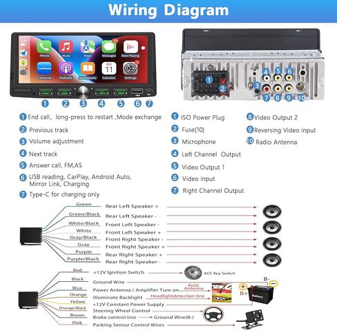 Single Din Touchscreen Radio with Wireless Apple CarPlay & Android Auto, 6.9" IPS Car Stereo with Bluetooth, Mirror Link, FM/AM,EQ, USB/Type-C, SWC, HD Backup Camera, Microphone for Car Audio Upgrade in Kuwait
