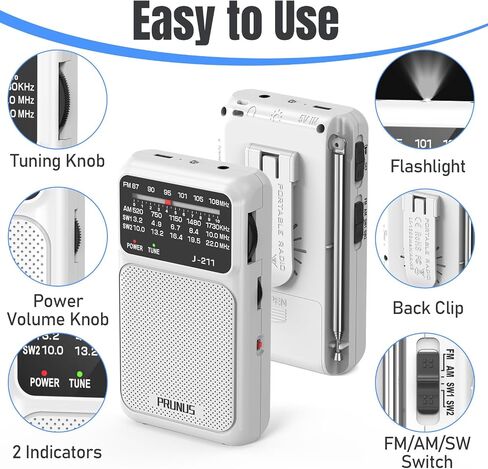 PRUNUS J-211 Portable Radio AM FM with USB C Charging and AA Battery Operated, Transistor Radio, Strong Reception& Clear Speaker, Headphone Jack, Back Clip, Lanyard, Small Radios Portable AM FM in Saudi Arabia