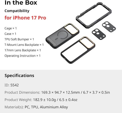 SMALLRIG Mobile Video Cage for iPhone 17 Pro, with Phone Case/TPU Soft Frame/T-Mount & 17mm Threaded Lens Backplate, Phone Video Rig for Videography Recording Vlog, Flagship Edition - 5542 in Saudi Arabia