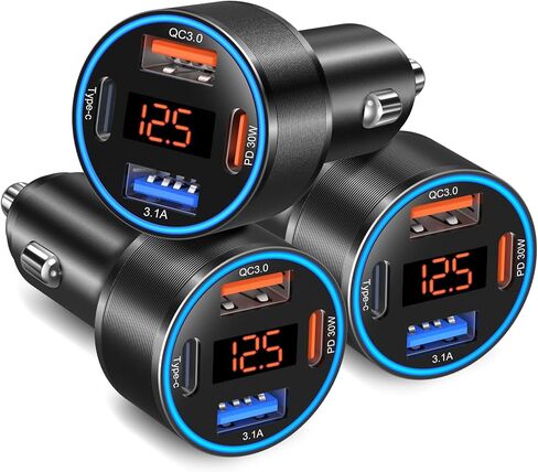 3 عبوات شاحن سيارة USB C، 4 منافذ 65 وات مزدوج 12 فولت USB-A وUSBC ولاعة السجائر مع الفولتميتر PD/QC 3.0 شاحن هاتف سيارة سريع الشحن لهاتف iPhone 17 16e 15 14 13 12 Pro Max، Android-أسود in Kuwait