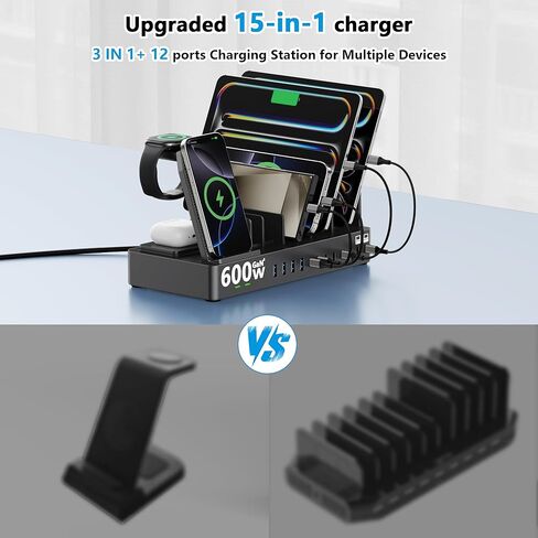 محطة شحن 600 واط لأجهزة متعددة، شاحن لاسلكي 15 في 1 مع 2 كابل شاحن USB C بقوة 100 واط، محطة شحن USB C مزدوجة 100 واط لأجهزة MacBook، iPhone، iPad، الكمبيوتر اللوحي (أسود) in Kuwait