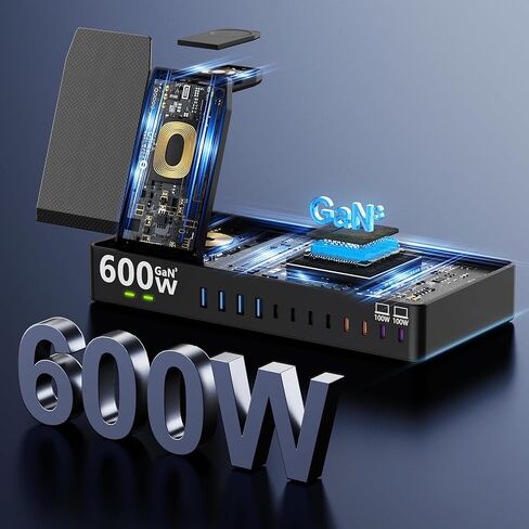 محطة شحن 600 واط لأجهزة متعددة، شاحن لاسلكي 15 في 1 مع 2 كابل شاحن USB C بقوة 100 واط، محطة شحن USB C مزدوجة 100 واط لأجهزة MacBook، iPhone، iPad، الكمبيوتر اللوحي (أسود) in Kuwait