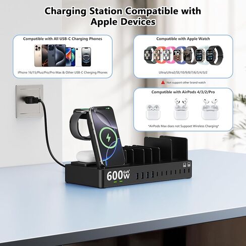 محطة شحن 600 واط لأجهزة متعددة، شاحن لاسلكي 15 في 1 مع 2 كابل شاحن USB C بقوة 100 واط، محطة شحن USB C مزدوجة 100 واط لأجهزة MacBook، iPhone، iPad، الكمبيوتر اللوحي (أسود) in Kuwait