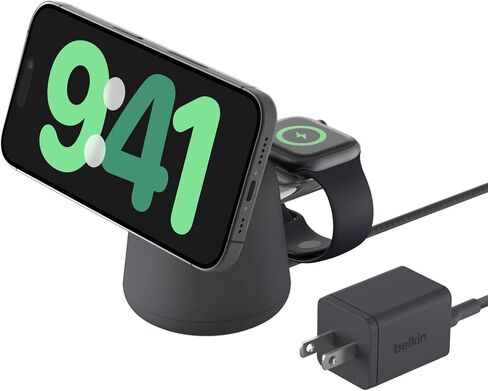 قاعدة شحن لاسلكية 2 في 1 Qi2 من بيلكين، شاحن iPhone سريع الشحن بقدرة 15 وات متوافق مع سلسلة iPhone 17 و16 و15 و14 و13 وAirPods وغيرها من الأجهزة التي تدعم Qi2، تتضمن مصدر طاقة - رملي in Saudi Arabia