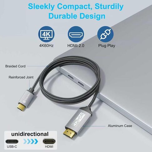 Reborn USB C to HDMI Cable (4K@60Hz) High-Speed 6FT USB Type C 3.1 to HDMI 2.0 Braided Cord [Thunderbolt 3/4/5 Compatible] for MacBook Pro/Air, Galaxy S9 to S25, iPhone 15/16/17, iPad Pro, Surface in Saudi Arabia