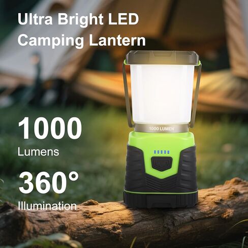 1000LM Battery Powered LED Camping Lantern, 4 Light Modes, IPX4 Waterproof, Dimmable Emergency Flashlight with Battery Indicator for Outdoor Camping, Hiking, Carabiner Clip Included in Saudi Arabia