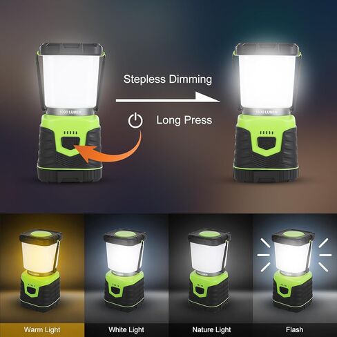1000LM Battery Powered LED Camping Lantern, 4 Light Modes, IPX4 Waterproof, Dimmable Emergency Flashlight with Battery Indicator for Outdoor Camping, Hiking, Carabiner Clip Included in Saudi Arabia
