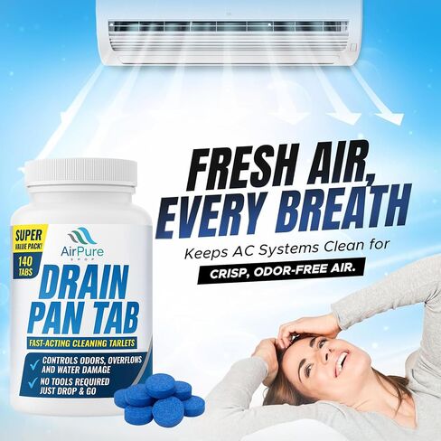 علامات تبويب وعاء التصريف من Air Pure - 140 قرصًا لمعالجة التدفق لمعالجة وعاء المكثفات HVAC والتيار المتردد | يمنع التدفق الزائد، وينظف خطوط الصرف، ويزيل الروائح in Kuwait