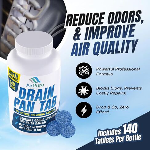علامات تبويب وعاء التصريف من Air Pure - 140 قرصًا لمعالجة التدفق لمعالجة وعاء المكثفات HVAC والتيار المتردد | يمنع التدفق الزائد، وينظف خطوط الصرف، ويزيل الروائح in Kuwait