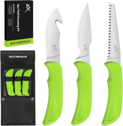 مجموعة سكاكين الصيد إكستريموس هارفيست إيدج - طقم خلع الملابس الميداني 4/8 قطعة مع سكين سلخ خطاف الأمعاء، وسكين التغطية ومنشار العظام للعبة الغزلان إلك الكبيرة، وهدايا الصيد للرجال in Kuwait