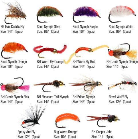 70pcs Fly Fishing Flies Assortment Kit, Dry/Wet/Streamers/Nymphs Fly Fishing Lures, Fly Assortment Trout Bass Fishing with Fly Box in Saudi Arabia