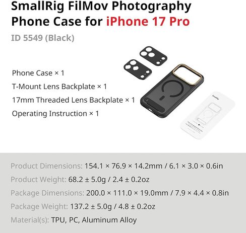 طقم حافظة هاتف SMALLRIG FilMov لهاتف iPhone 17 Pro، حافظة هاتف مغناطيسية مع مسند قابل للتعديل، لوحة خلفية للعدسة، دعم MagSafe، لمثبت الهاتف Gimbal، لـ DJI، لـ Insta360، أسود-5549 in Saudi Arabia
