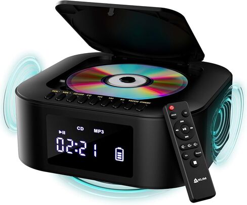 KLIM Boombox E1 – Portable CD Player with Subwoofer – Extra Bass, Bluetooth, FM Radio, USB, AUX, MP3 – Rechargeable Battery, Wired & Wireless Modes, Remote Control – Black/Gold in Saudi Arabia