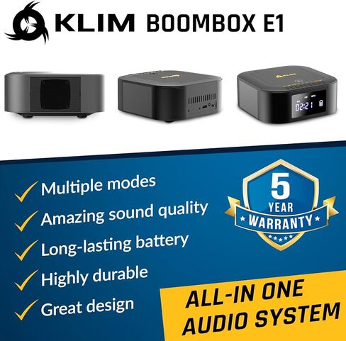 KLIM Boombox E1 – Portable CD Player with Subwoofer – Extra Bass, Bluetooth, FM Radio, USB, AUX, MP3 – Rechargeable Battery, Wired & Wireless Modes, Remote Control – Black/Gold in Saudi Arabia