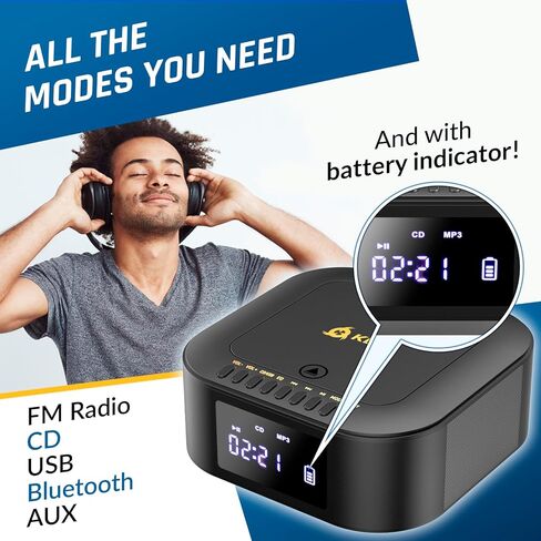 KLIM Boombox E1 – Portable CD Player with Subwoofer – Extra Bass, Bluetooth, FM Radio, USB, AUX, MP3 – Rechargeable Battery, Wired & Wireless Modes, Remote Control – Black/Gold in Saudi Arabia