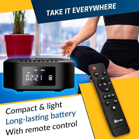 KLIM Boombox E1 – Portable CD Player with Subwoofer – Extra Bass, Bluetooth, FM Radio, USB, AUX, MP3 – Rechargeable Battery, Wired & Wireless Modes, Remote Control – Black/Gold in Saudi Arabia