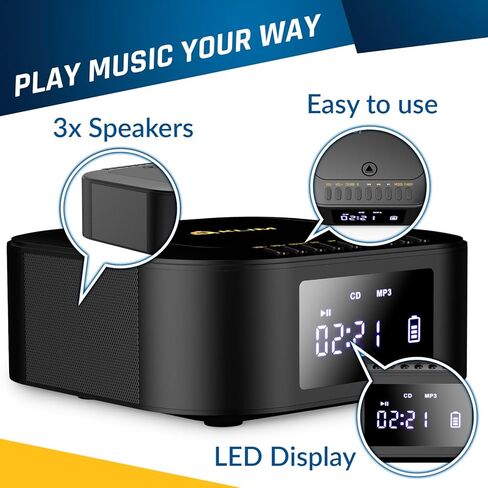 KLIM Boombox E1 – Portable CD Player with Subwoofer – Extra Bass, Bluetooth, FM Radio, USB, AUX, MP3 – Rechargeable Battery, Wired & Wireless Modes, Remote Control – Black/Gold in Saudi Arabia