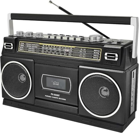 مشغل كاسيت بومبوكس مع بلوتوث، راديو AM/FM/SW وتسجيل إلى USB، صوت ستيريو 24 وات، 4 أوضاع للطاقة، ستيريو ريترو محمول للأماكن الداخلية والخارجية، أسود كلاسيكي in Saudi Arabia