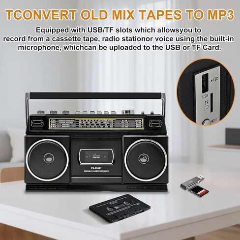 مشغل كاسيت بومبوكس مع بلوتوث، راديو AM/FM/SW وتسجيل إلى USB، صوت ستيريو 24 وات، 4 أوضاع للطاقة، ستيريو ريترو محمول للأماكن الداخلية والخارجية، أسود كلاسيكي in Saudi Arabia