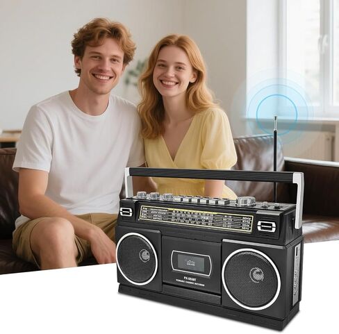مشغل كاسيت بومبوكس مع بلوتوث، راديو AM/FM/SW وتسجيل إلى USB، صوت ستيريو 24 وات، 4 أوضاع للطاقة، ستيريو ريترو محمول للأماكن الداخلية والخارجية، أسود كلاسيكي in Saudi Arabia