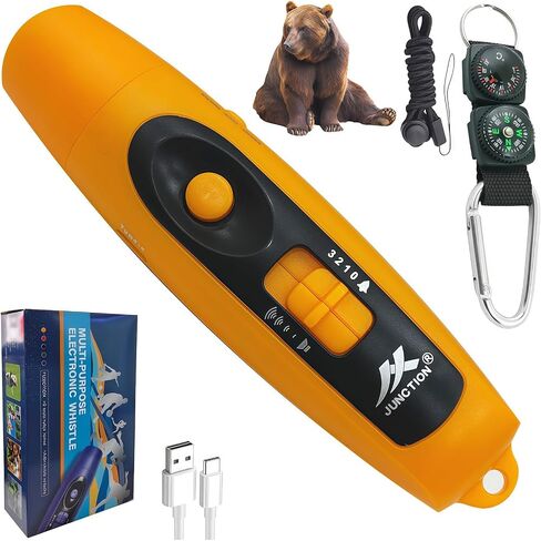 Rechargeable Bear Horn to Scare Bears, 125dB Electronic Air Horn with LED Flashlight & Compass & Thermometer, Electronic Whistle Bear Bells for Safety Hiking Camping Emergency Self Defense in Kuwait