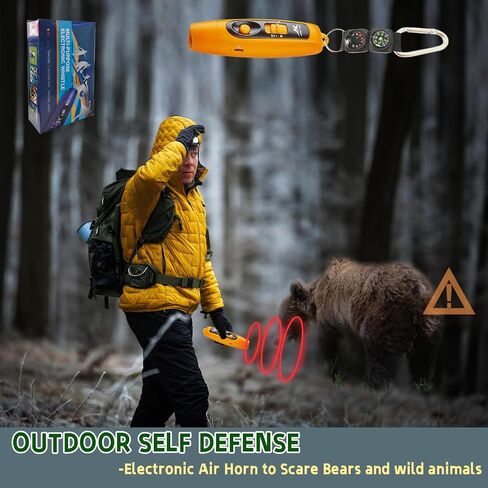 Rechargeable Bear Horn to Scare Bears, 125dB Electronic Air Horn with LED Flashlight & Compass & Thermometer, Electronic Whistle Bear Bells for Safety Hiking Camping Emergency Self Defense in Kuwait