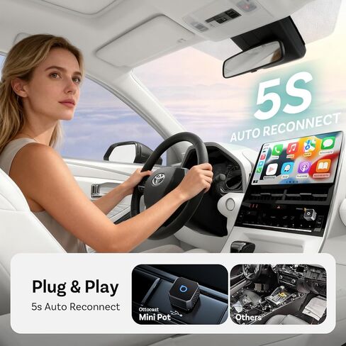 OTTOCAST Mini 3.0 (Pot) 2025 2 في 1 محول CarPlay/Android التلقائي، 5 جيجا هرتز WiFi، اتصال تلقائي لسيارات 2016+ in Kuwait