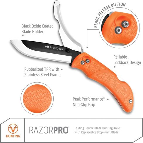 OUTDOOR EDGE RazorPro G Double Blade Hunting Knife – Replaceable Razor Sharp Skinning Blade & Gutting Knife for Fast Field Dressing, Non-Slip Black Handle, Black Sheath with 6 Extra Blades (Orange) in Saudi Arabia