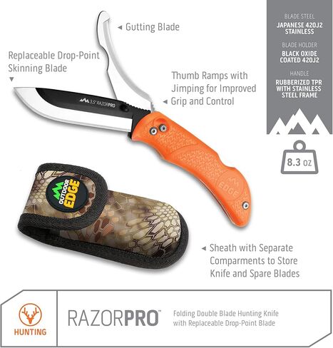 OUTDOOR EDGE RazorPro G Double Blade Hunting Knife – Replaceable Razor Sharp Skinning Blade & Gutting Knife for Fast Field Dressing, Non-Slip Black Handle, Black Sheath with 6 Extra Blades (Orange) in Saudi Arabia