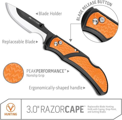 سكين RazorLite EDC مقاس 3.0 بوصات من OUTDOOR EDGE - سكين قابل للطي EDC مع شفرات ومشبك قابلين للاستبدال - فتحة يد واحدة للحمل اليومي (برتقالي، 4 شفرات) in Kuwait