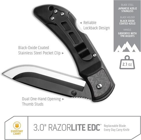 سكين RazorLite EDC مقاس 3.0 بوصات من OUTDOOR EDGE - سكين قابل للطي EDC مع شفرات ومشبك قابلين للاستبدال - فتحة يد واحدة للحمل اليومي (برتقالي، 4 شفرات) in Kuwait