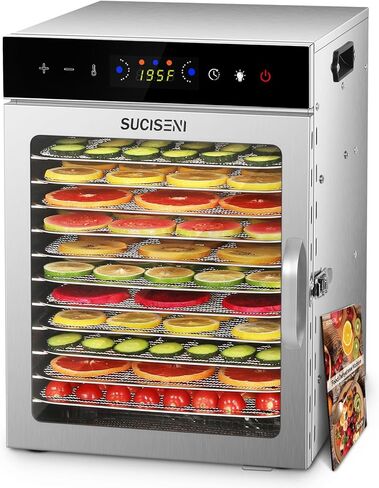 ماكينة تجفيف الطعام من SUCICENI، 12 صينية من الفولاذ المقاوم للصدأ، مجفف اللحوم بقدرة 1000 وات للاستخدام المنزلي، ومؤقت 24 ساعة و195 درجة فهرنهايت للتحكم في درجة الحرارة، ومجفف الطعام لحلوى الفاكهة والأعشاب والفطر للكلاب in Kuwait
