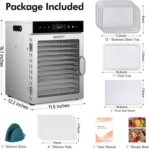 ماكينة تجفيف الطعام من SUCICENI، 12 صينية من الفولاذ المقاوم للصدأ، مجفف اللحوم بقدرة 1000 وات للاستخدام المنزلي، ومؤقت 24 ساعة و195 درجة فهرنهايت للتحكم في درجة الحرارة، ومجفف الطعام لحلوى الفاكهة والأعشاب والفطر للكلاب in Kuwait